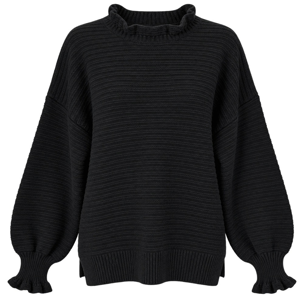 Madewell Ruffle Neck Balloon Sleeve Sweater Black Cotton Merino Wool XXL